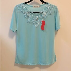 Elegant Blue Embroidered Top women’s size L